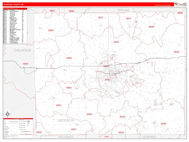 Jackson County, MI ZIP Code Wall Map, RedLine style
