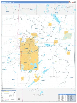 Kalamazoo County, MI Business Reference style ZIP Code wall map