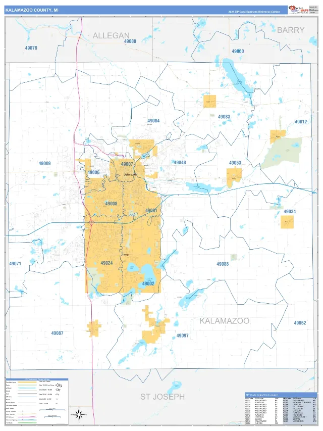 Kalamazoo County, MI ZIP Code Wall Map, Business Reference style