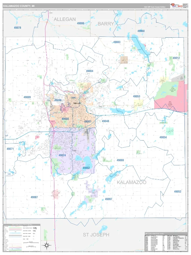 Kalamazoo County, MI ZIP Code Wall Map, Classic style