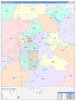 Kalamazoo County, MI ColorCast style ZIP Code wall map