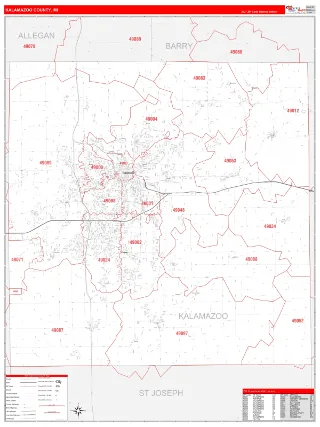 Kalamazoo County, MI RedLine style ZIP Code wall map
