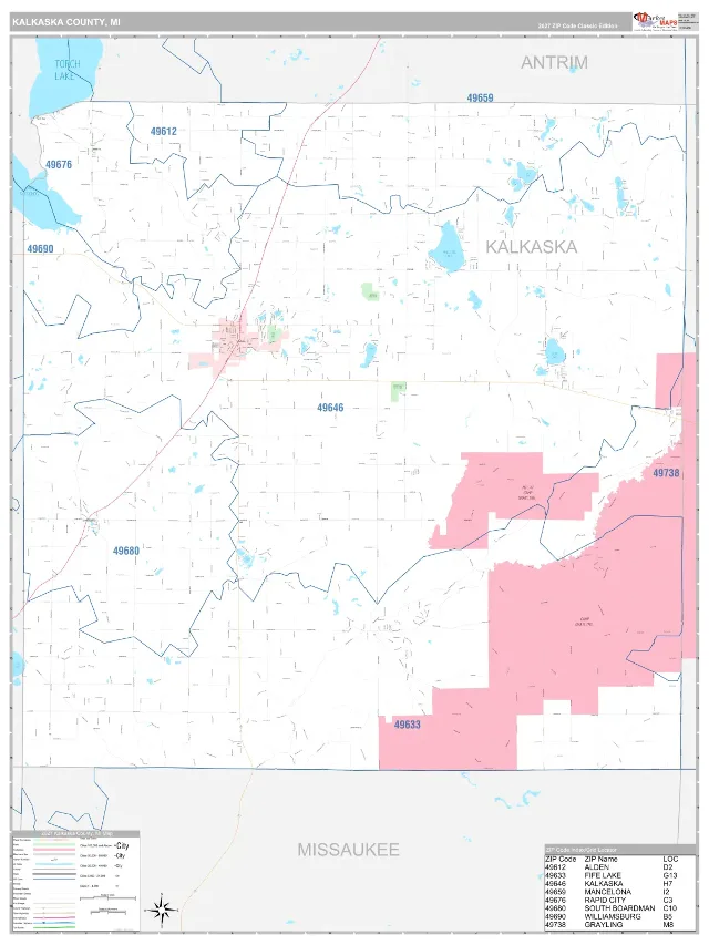 Kalkaska County, MI ZIP Code Wall Map, Classic style