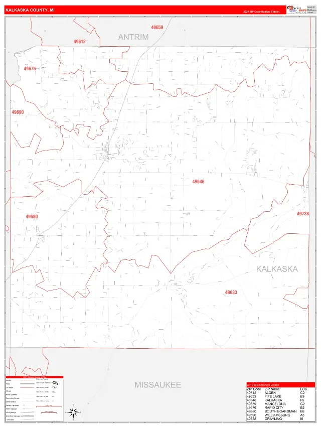 Kalkaska County, MI ZIP Code Wall Map, RedLine style