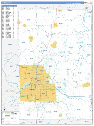 Kent County, MI Business Reference style ZIP Code wall map