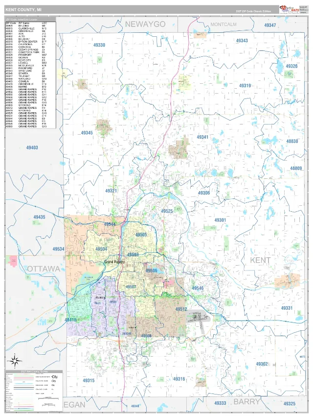Kent County, MI ZIP Code Wall Map, Classic style