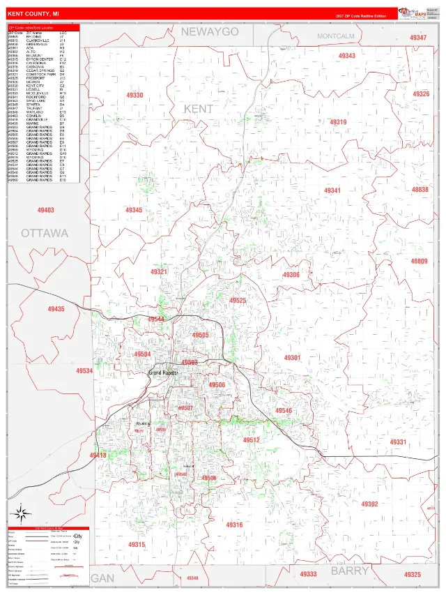 Kent County, MI ZIP Code Wall Map, RedLine style