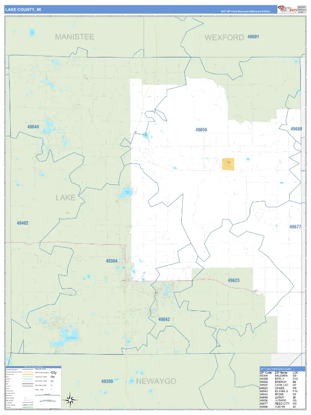 Lake County, MI ZIP Code Wall Map, Business Reference style