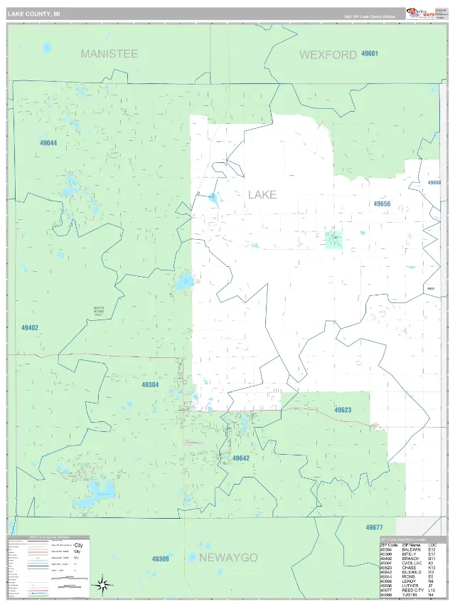 Lake County, MI ZIP Code Wall Map, Classic style