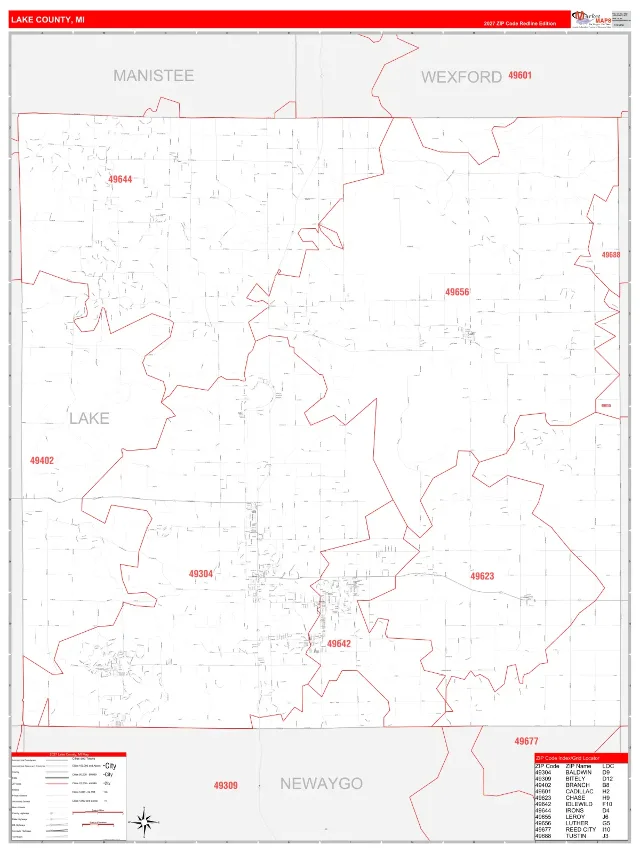 Lake County, MI ZIP Code Wall Map, RedLine style