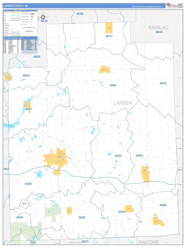 Lapeer County, MI ZIP Code Wall Map, Business Reference style