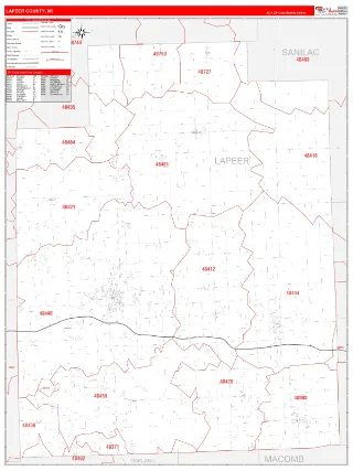 Lapeer County, MI RedLine style ZIP Code wall map