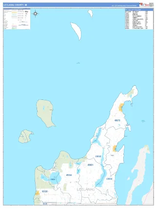 Leelanau County, MI Business Reference style ZIP Code wall map