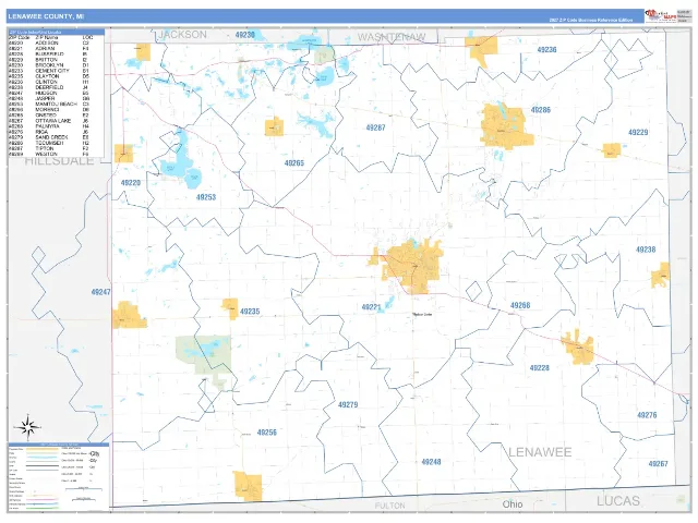 Lenawee County, MI ZIP Code Wall Map, Business Reference style