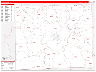 Lenawee County, MI RedLine style ZIP Code wall map