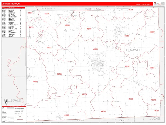 Lenawee County, MI ZIP Code Wall Map, RedLine style