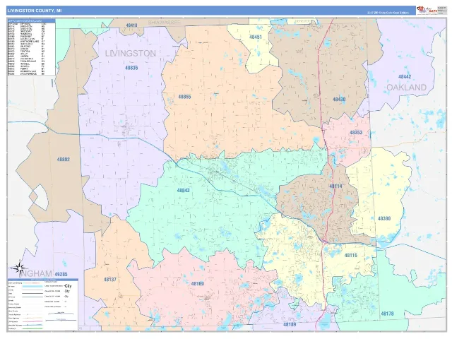 Livingston County, MI ZIP Code Wall Map, ColorCast style