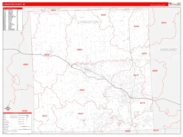 Livingston County, MI ZIP Code Wall Map, RedLine style