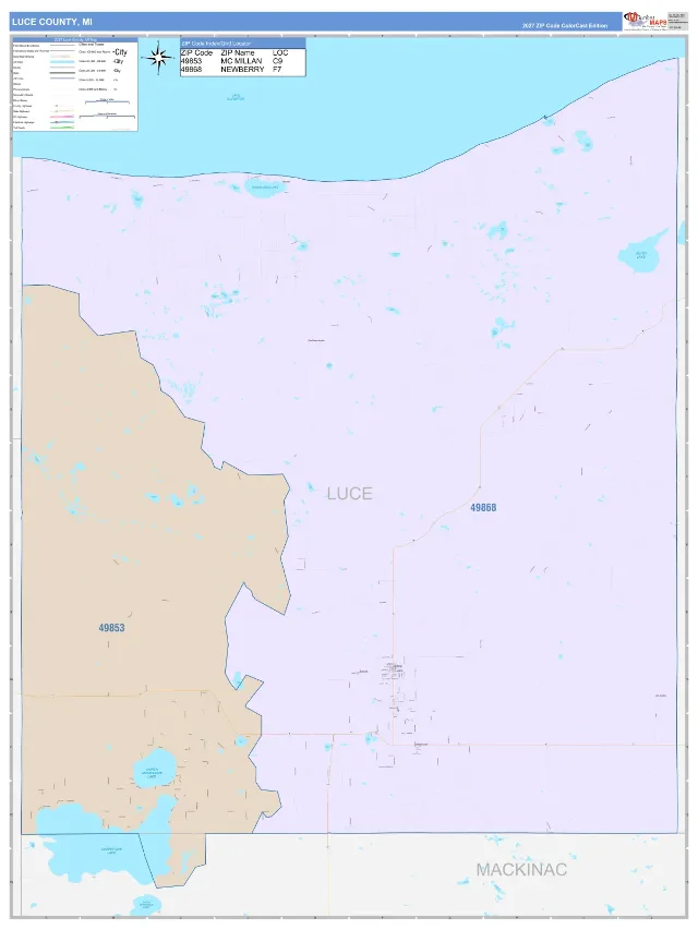 Luce County, MI ZIP Code Wall Map, ColorCast style