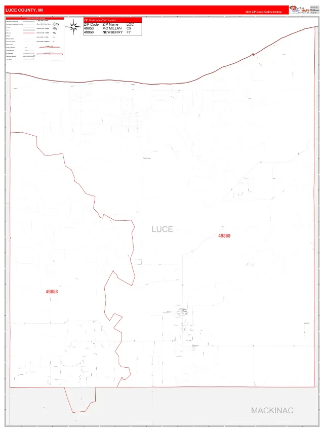 Luce County, MI ZIP Code Wall Map, RedLine style