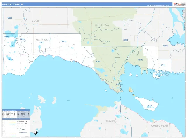 Mackinac County, MI ZIP Code Wall Map, Business Reference style
