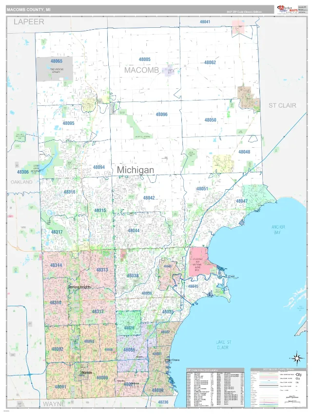 Macomb County, MI ZIP Code Wall Map, Classic style