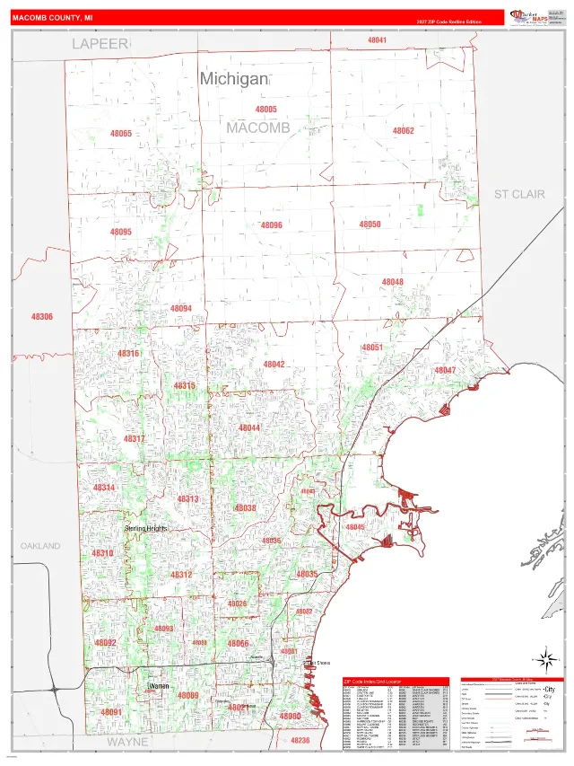 Macomb County, MI ZIP Code Wall Map, RedLine style