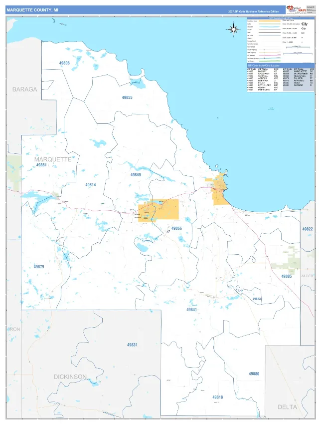 Marquette County, MI ZIP Code Wall Map, Business Reference style