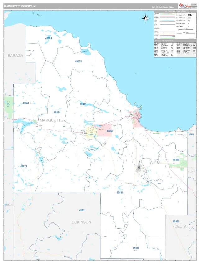 Marquette County, MI ZIP Code Wall Map, Classic style