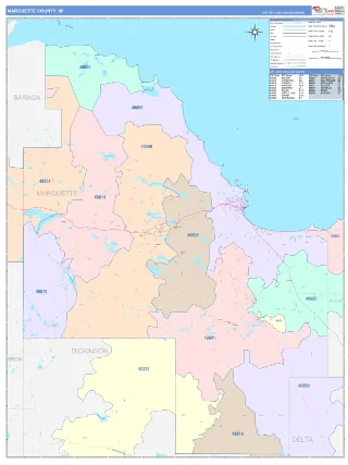 Marquette County, MI ColorCast style ZIP Code wall map