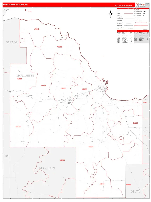 Marquette County, MI ZIP Code Wall Map, RedLine style
