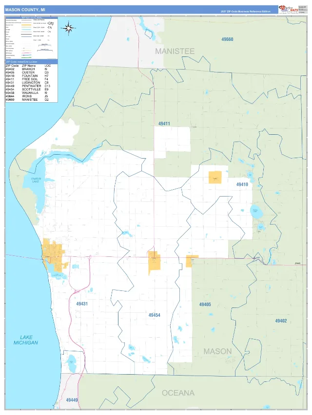 Mason County, MI ZIP Code Wall Map, Business Reference style
