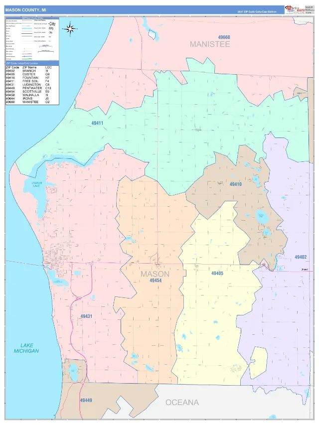 Mason County, MI ZIP Code Wall Map, ColorCast style