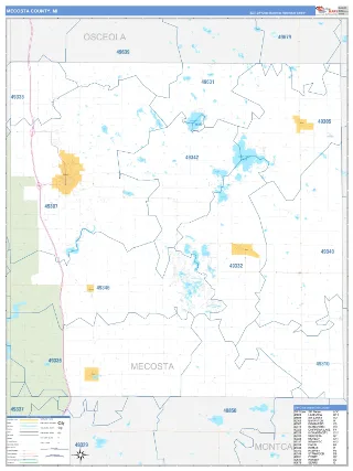 Mecosta County, MI Business Reference style ZIP Code wall map