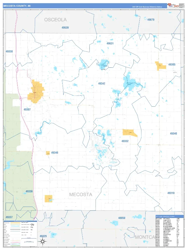 Mecosta County, MI ZIP Code Wall Map, Business Reference style