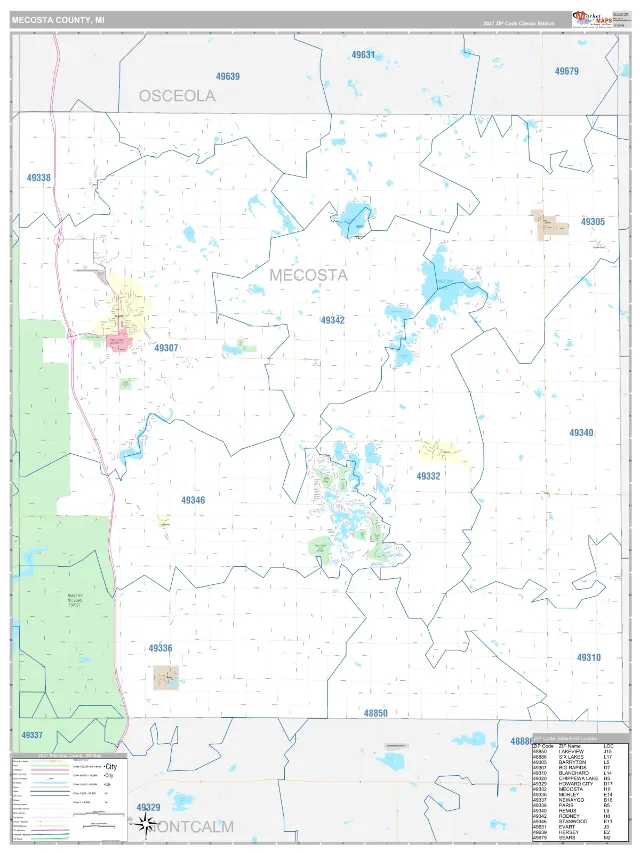 Mecosta County, MI ZIP Code Wall Map, Classic style