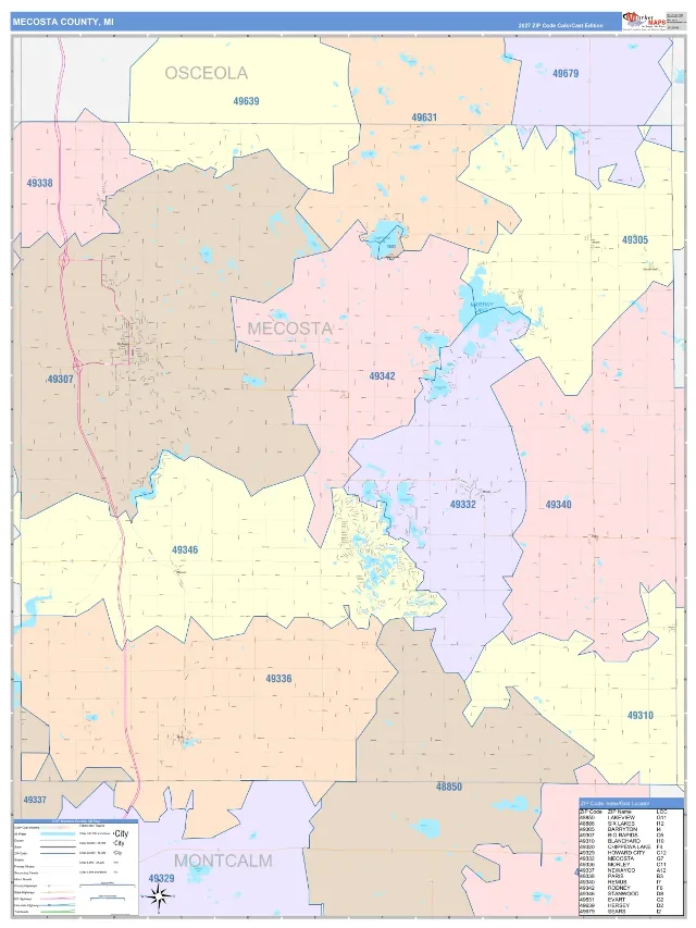 Mecosta County, MI ZIP Code Wall Map, ColorCast style