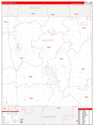 Mecosta County, MI RedLine style ZIP Code wall map