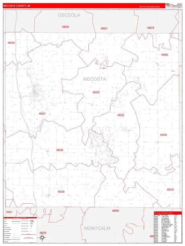 Mecosta County, MI ZIP Code Wall Map, RedLine style