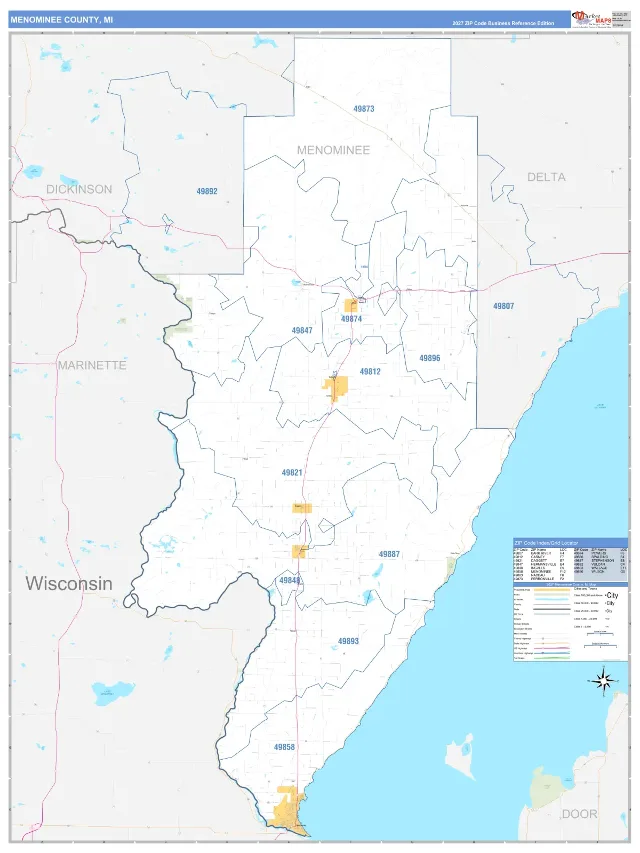 Menominee County, MI ZIP Code Wall Map, Business Reference style