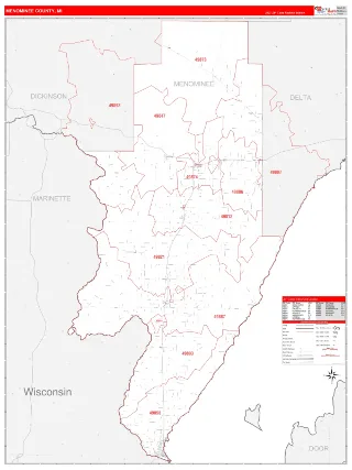 Menominee County, MI RedLine style ZIP Code wall map