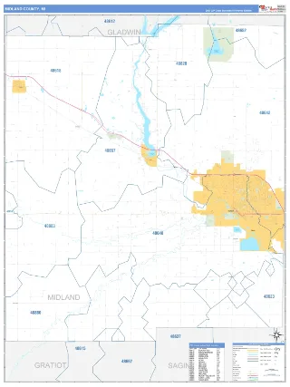 Midland County, MI Business Reference style ZIP Code wall map