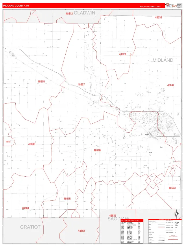 Midland County, MI ZIP Code Wall Map, RedLine style
