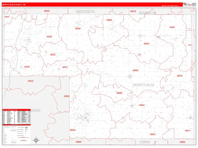 Montcalm County, MI ZIP Code Wall Map, RedLine style
