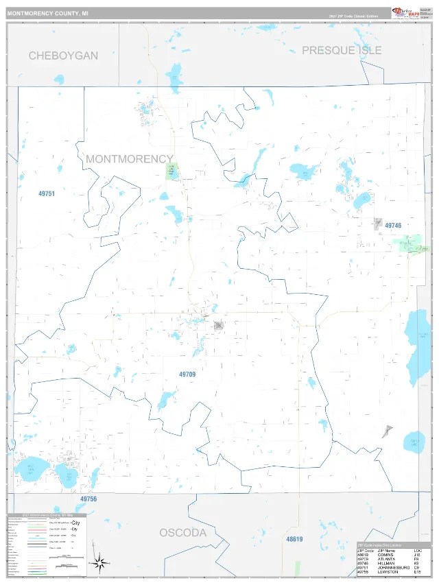 Montmorency County, MI ZIP Code Wall Map, Classic style