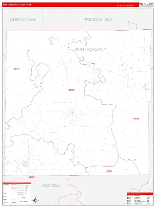 Montmorency County, MI RedLine style ZIP Code wall map