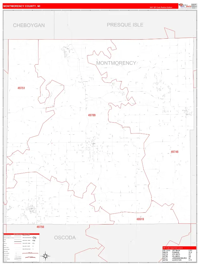 Montmorency County, MI ZIP Code Wall Map, RedLine style