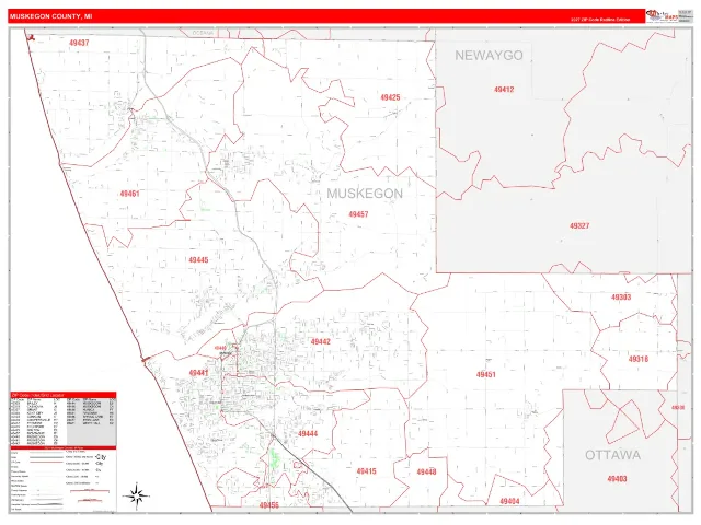 Muskegon County, MI ZIP Code Wall Map, RedLine style