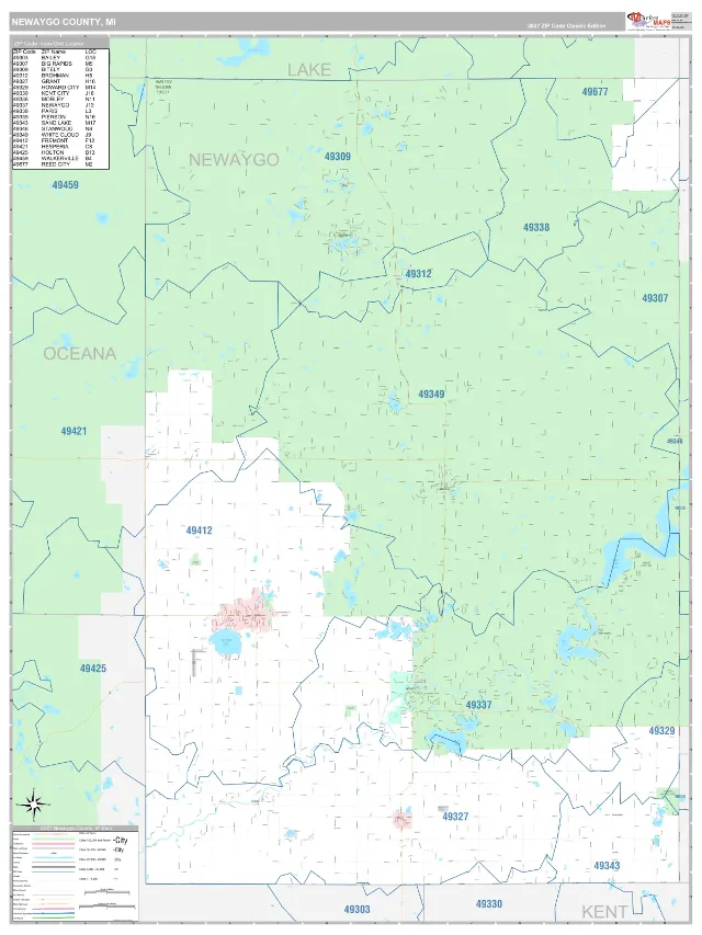 Newaygo County, MI ZIP Code Wall Map, Classic style