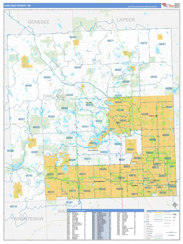 Oakland County, MI ZIP Code Wall Map, Business Reference style